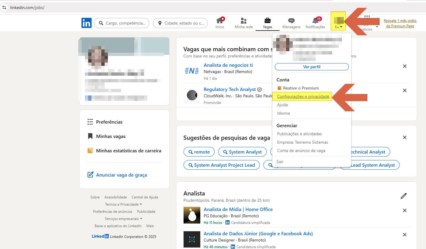 Menu suspenso "Eu" aberto no LinkedIn com opção "Configurações e privacidade" destacada com seta; demais opções visíveis: Ver perfil, Reative o Premium, Ajuda, Idioma, Publicações e atividades, Empresa: Teorema Sistemas, Conta de anúncio de vaga, Sair