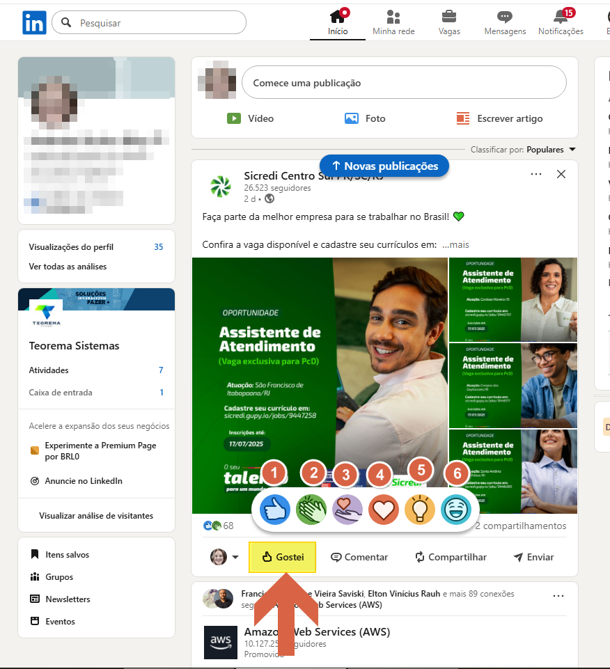 Feed do LinkedIn no computador com publicação em destaque, botão "Gostel" (curtir) destacado com seta