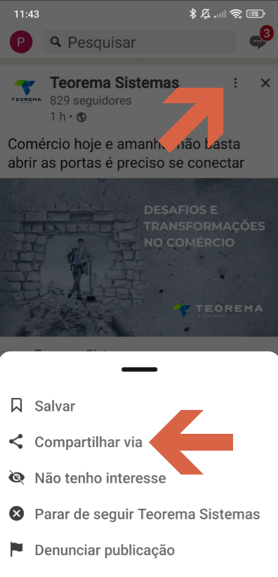 App do LinkedIn no celular com menu de opções de uma publicação mostrando: Salvar, Compartilhar via (destacado com seta), Não tenho interesse, Parar de seguir Teorema Sistemas, Denunciar publicação