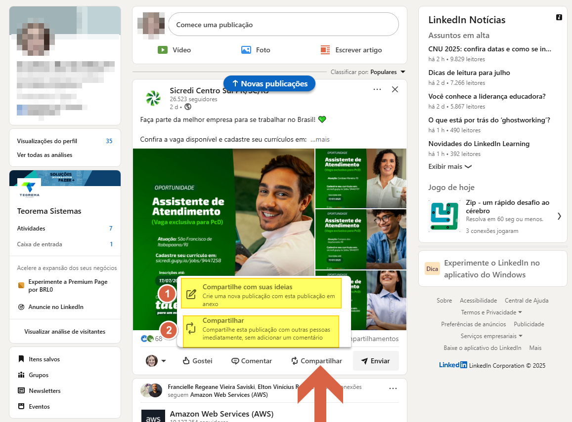 Feed do LinkedIn com menu suspenso aberto abaixo de uma publicação exibindo opções "Compartilhar com suas ideias" e "Compartilhar" destacadas com seta