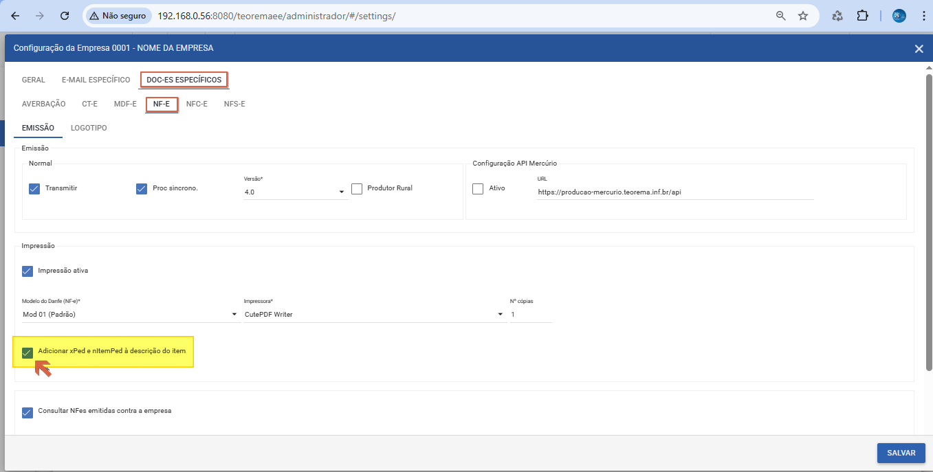 Tela Configuração da Empresa 0001 – NOME DA EMPRESA; aba DOC-ES ESPECÍFICOS, subaba NF-E, seção Impressão; checkbox "Adicionar xPed e nItemPed à descrição do item" marcado e destacado; botão SALVAR visível no canto inferior direito
