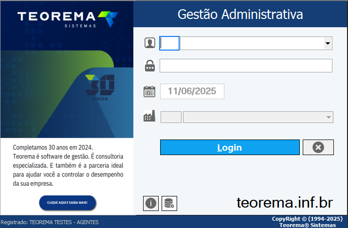 Tela de login da Gestão Administrativa sem dados preenchidos; campos visíveis: usuário (ícone de pessoa), senha (ícone de cadeado), Data de Acesso e Empresa; botão Login; rodapé com "Registrado: TEOREMA TESTES – AGENTES" e "teorema.inf.br"