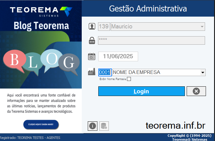 Tela de login da Gestão Administrativa com dados preenchidos: usuário 139 – Mauricio, Data de Acesso 11/06/2025, Empresa 0001 – NOME DA EMPRESA; checkbox "Exibir Nome Fantasia" visível; botão Login
