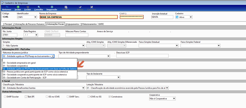 Cadastro de Empresas, aba Informações Fiscais, campo Natureza da pessoa jurídica com dropdown aberto exibindo as opções 00 a 05; a opção 02 - Entidade sujeita ao PIS/Pasep exclusivamente com base na Folha de Salários está destacada
