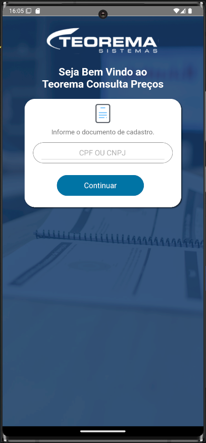 Tela de boas-vindas do Teorema Consulta Preços com campo "CPF OU CNPJ" e botão "Continuar"