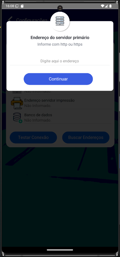 Diálogo "Endereço do servidor primário" com instrução "Informe com http ou https", campo de texto e botão "Continuar"