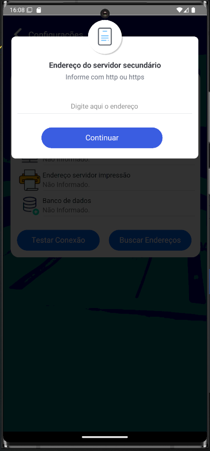 Diálogo "Endereço do servidor secundário" com instrução "Informe com http ou https", campo de texto e botão "Continuar"