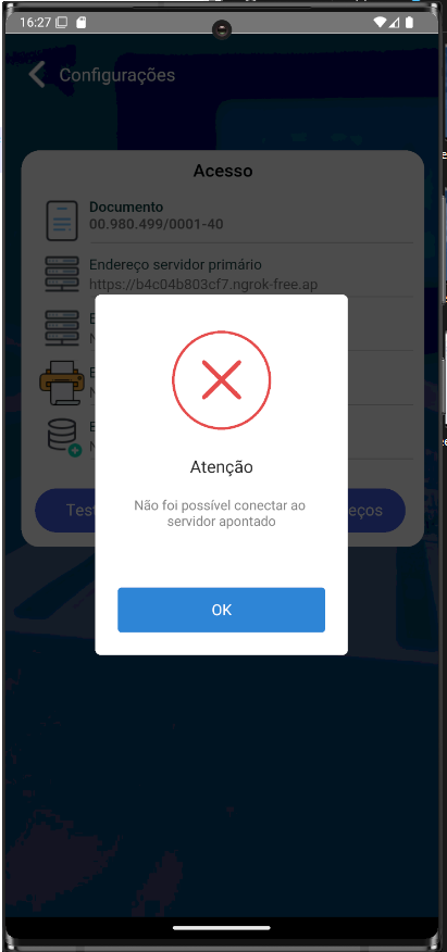 Alerta "Atenção — Não foi possível conectar ao servidor apontado" com botão OK, sobreposto à tela de configurações