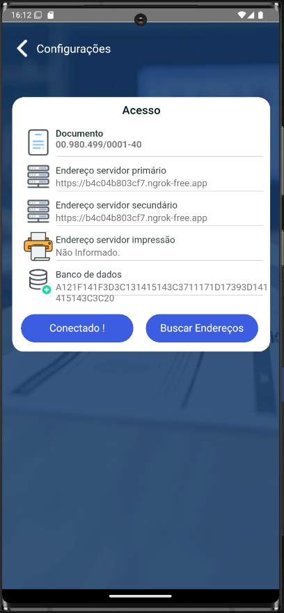 Tela Configurações > Acesso com todos os campos preenchidos, incluindo Banco de dados com código da empresa selecionada e botão "Conectado !"