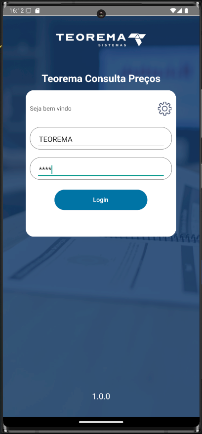 Tela de login "Teorema Consulta Preços" com campo Usuário preenchido como "TEOREMA", campo Senha com caracteres ocultos, botão "Login", ícone de engrenagem no canto superior direito e versão 1.0.0 no rodapé