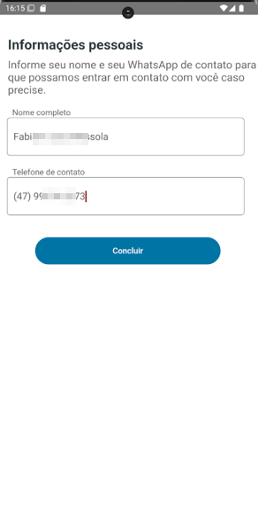 Tela "Informações pessoais" com instrução "Informe seu nome e seu WhatsApp de contato para que possamos entrar em contato com você caso precise.", campos "Nome completo" e "Telefone de contato" preenchidos, e botão "Concluir"