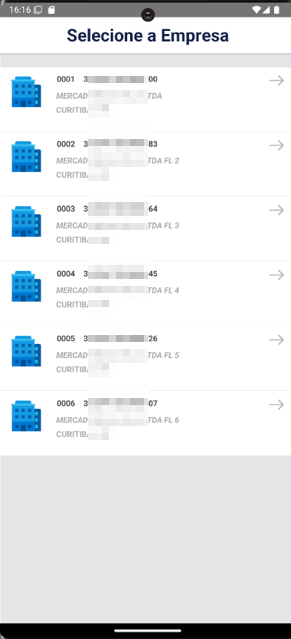 Tela "Selecione a Empresa" com lista de filiais numeradas de 0001 a 0006, cada uma exibindo código, CNPJ parcial, nome e localização, com seta de navegação à direita