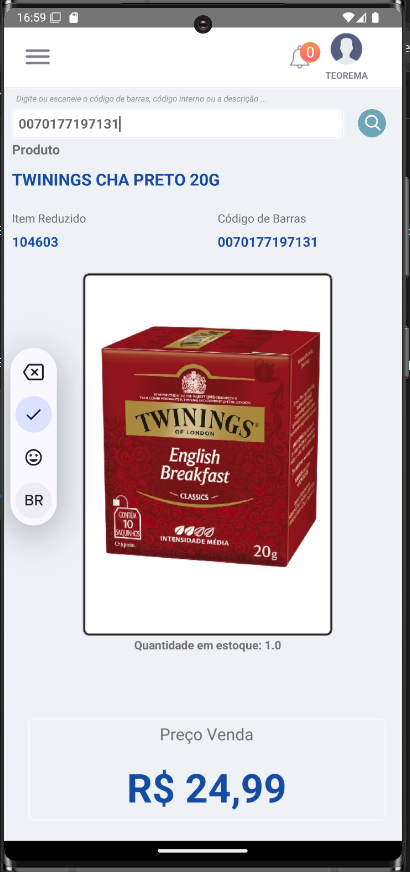 Tela de consulta com código de barras 0070177197131 digitado, exibindo produto "TWININGS CHA PRETO 20G", Item Reduzido 104603, imagem do produto, "Quantidade em estoque: 1.0" e "Preço Venda R$ 24,99"