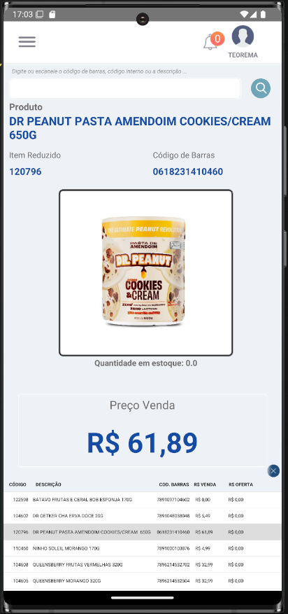 Tela de consulta com produto "DR PEANUT PASTA AMENDOIM COOKIES/CREAM 650G", Item Reduzido 120796, Código de Barras 0618231410460, imagem do produto, "Quantidade em estoque: 0.0" e "Preço Venda R$ 61,89", com o item destacado na lista de resultados inferior