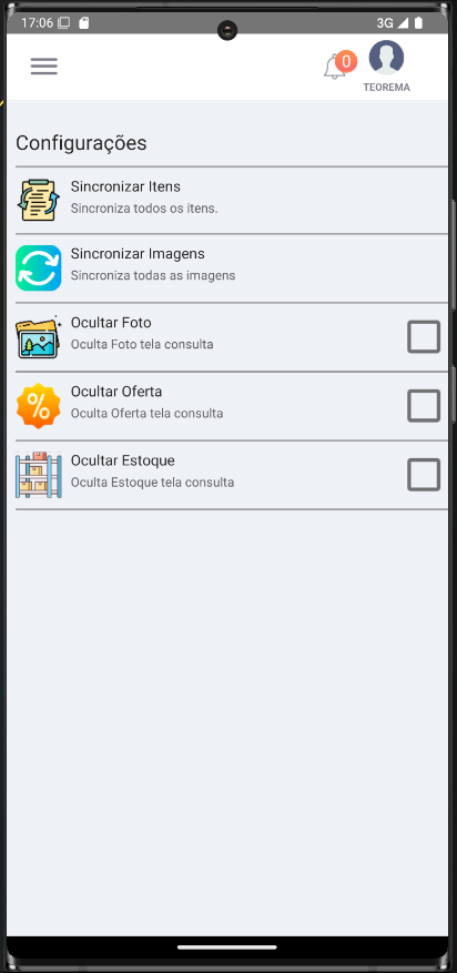 Tela "Configurações" com itens: "Sincronizar Itens — Sincroniza todos os itens.", "Sincronizar Imagens — Sincroniza todas as imagens", "Ocultar Foto — Oculta Foto tela consulta" (checkbox), "Ocultar Oferta — Oculta Oferta tela consulta" (checkbox) e "Ocultar Estoque — Oculta Estoque tela consulta" (checkbox)