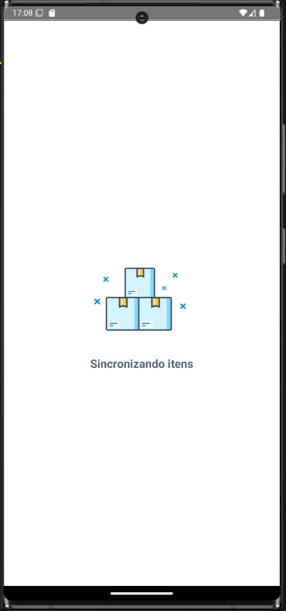 Tela de sincronização em andamento com ícone de caixas e mensagem "Sincronizando itens" ao centro