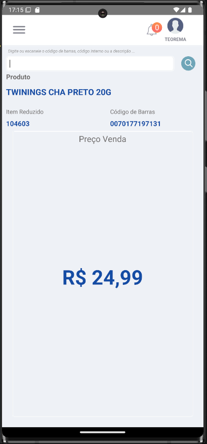 Tela de consulta com "Ocultar Foto" ativo exibindo produto "TWININGS CHA PRETO 20G", Item Reduzido 104603, Código de Barras 0070177197131, campo de imagem vazio e "Preço Venda R$ 24,99"
