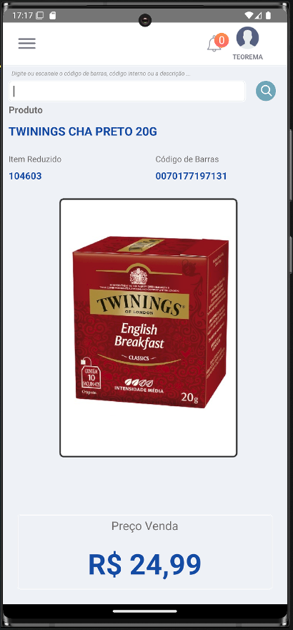 Tela de consulta com "Ocultar Estoque" ativo exibindo produto "TWININGS CHA PRETO 20G", Item Reduzido 104603, Código de Barras 0070177197131, imagem do produto e "Preço Venda R$ 24,99", sem exibição de quantidade em estoque