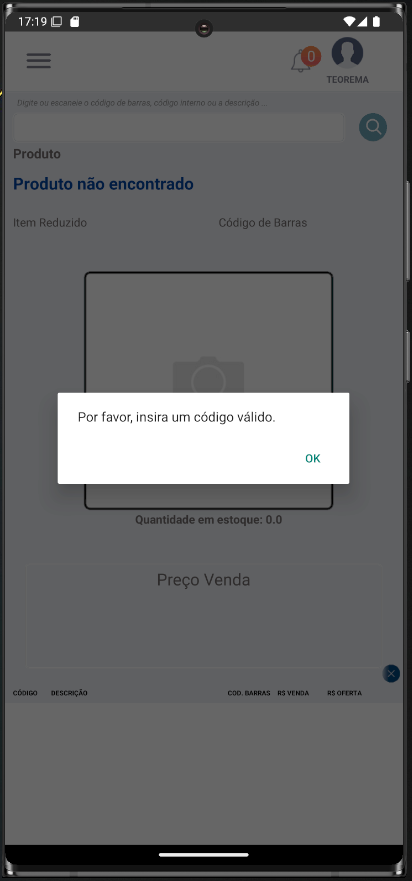 Tela de consulta com mensagem "Produto não encontrado" ao fundo e alerta modal "Por favor, insira um código válido." com botão "OK"