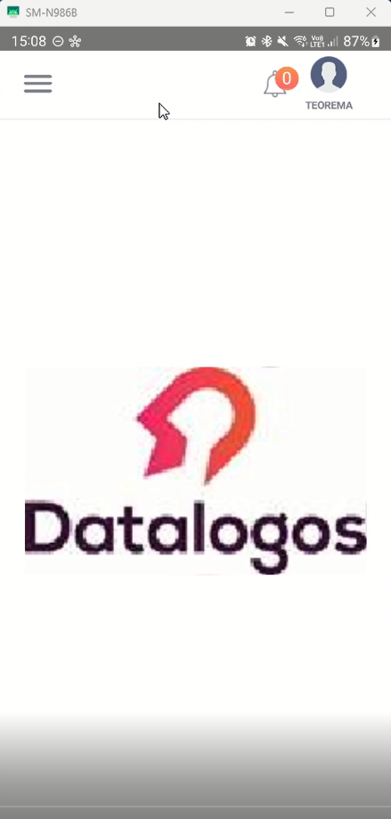 Aplicativo conectado à base Datalogos — tela inicial exibindo o logotipo Datalogos com ícone de sino e avatar de usuário "TEOREMA" no topo