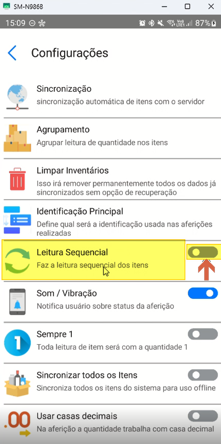 Tela Configurações com toggle "Leitura Sequencial" desativado e seta indicativa