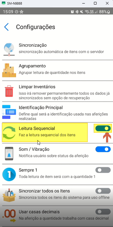 Tela Configurações com toggle "Leitura Sequencial" ativado