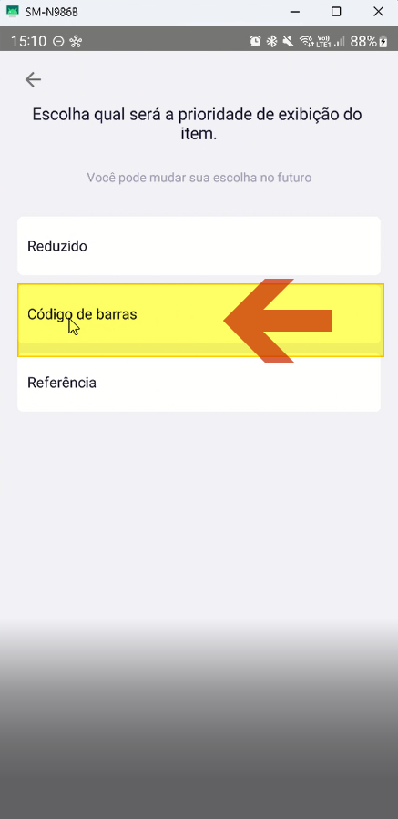 Tela "Escolha qual será a prioridade de exibição do item" com as opções Reduzido, Código de barras (selecionado, destacado) e Referência