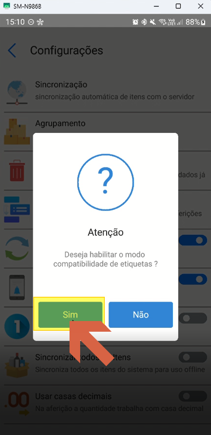 Diálogo "Atenção — Deseja habilitar o modo compatibilidade de etiquetas?" com botões Sim (destacado) e Não