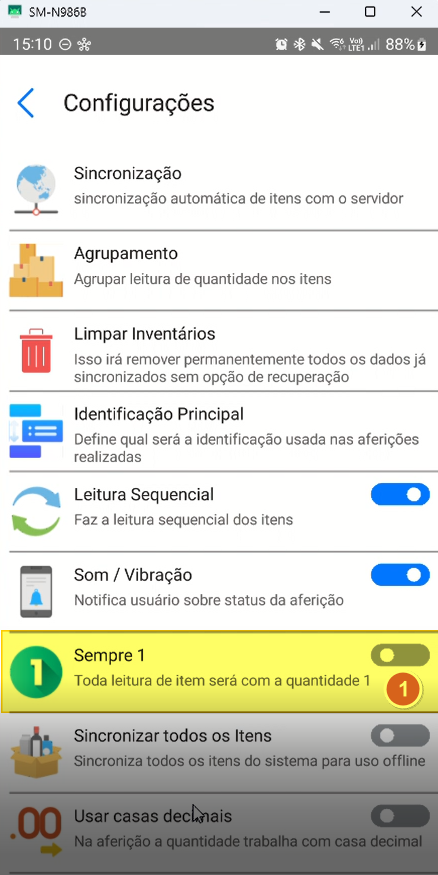 Tela Configurações com o toggle "Sempre 1" ativado