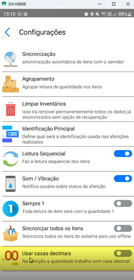Tela Configurações com o toggle "Usar casas decimais" destacado e ativado
