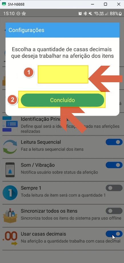 Diálogo "Escolha a quantidade de casas decimais" com campo de entrada (1) em destaque e botão Concluído (2)