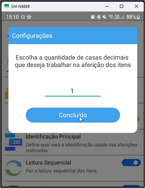 Diálogo "Escolha a quantidade de casas decimais" com valor 1 preenchido e botão Concluído