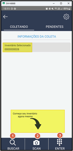 Tela "Informações da Coleta" com abas COLETANDO e PENDENTES e botões 1-BUSCAR, 2-SCAN e 3-ENTER na barra inferior