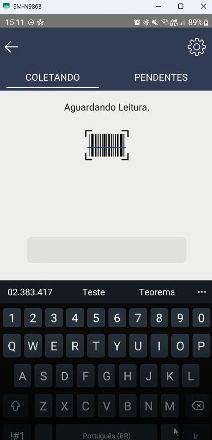 Tela "Aguardando Leitura" com ícone de código de barras e teclado virtual do Android ativado (sem coletor conectado)