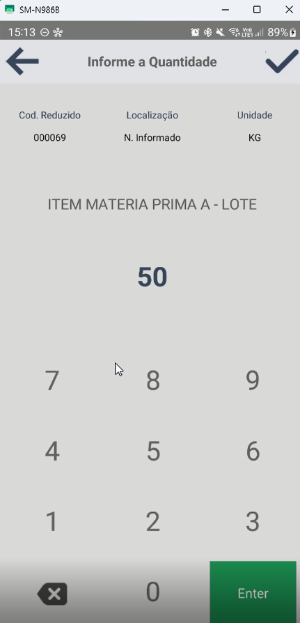 Tela "Informe a Quantidade" com dados do item ITEM MATERIA PRIMA A - LOTE (Cod. 000069, KG), quantidade 50 inserida, teclado numérico e botão Enter