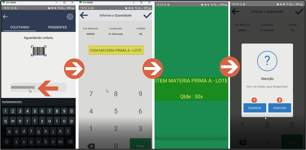 Quatro telas sequenciais: leitura do código, informar quantidade, confirmação verde com item e quantidade, diálogo de item duplicado com opções Substituir e Acumular
