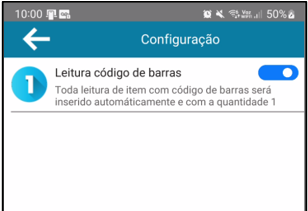 Tela "Configuração" com toggle "Leitura código de barras" ativado (azul) e texto "Toda leitura de item com código de barras será inserido automaticamente e com a quantidade 1"