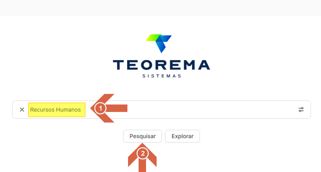 Campo de busca da Base de Conhecimento com o termo "Recursos Humanos" digitado (1) e botão Pesquisar indicado (2)
