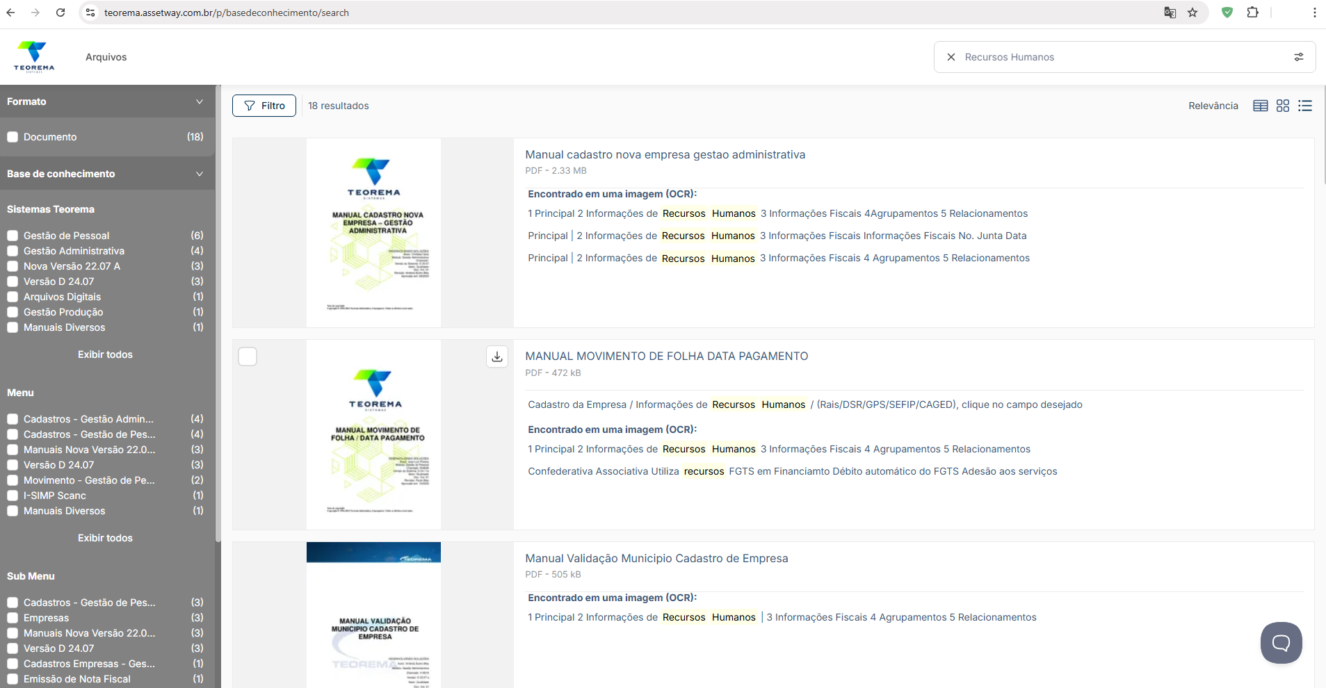 Lista de resultados de pesquisa na Base de Conhecimento exibindo documentos encontrados para o termo buscado