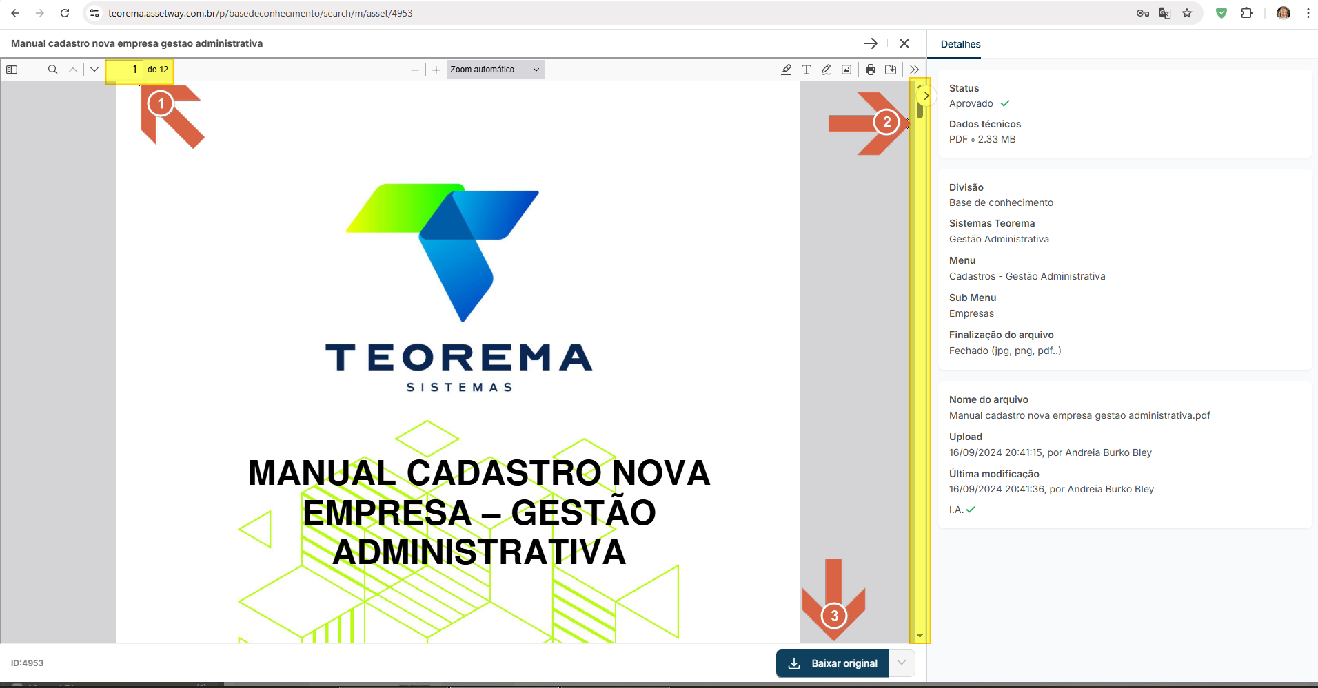 Tela de visualização do documento com painel lateral de detalhes: contador de páginas (1), barra de rolagem lateral (2) e botão Baixar original (3)