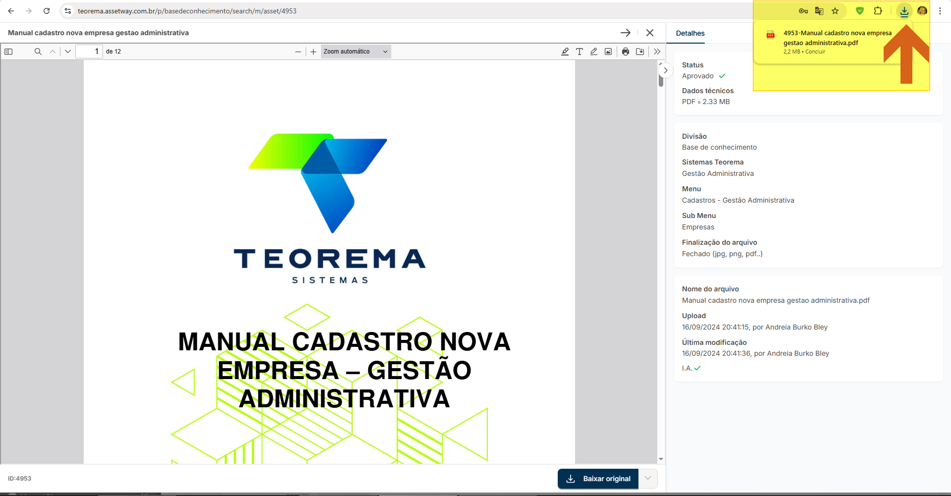 Tela de visualização do documento com o arquivo PDF destacado na área de download do navegador, indicando o arquivo baixado pronto para mover