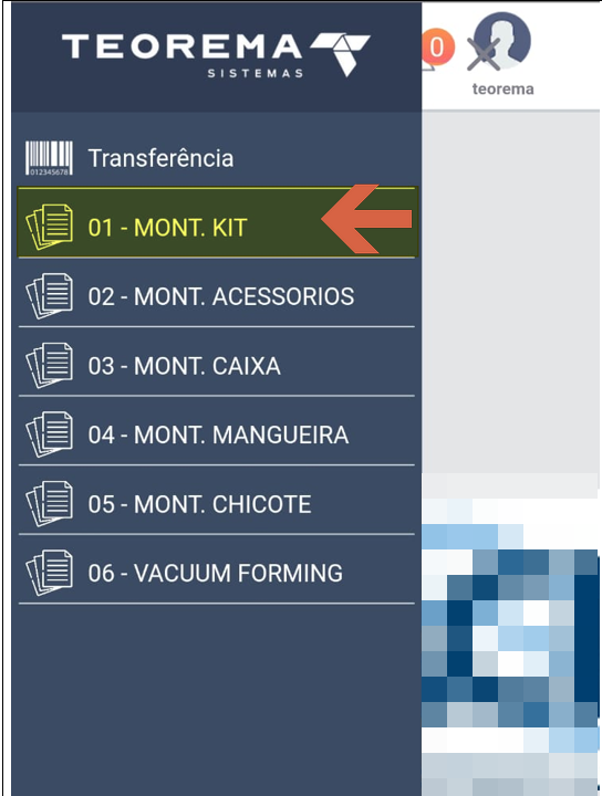 Lista de tipos de ordem no aplicativo Teorema Sistemas com a opção "01 - MONT. KIT" selecionada e destacada em verde