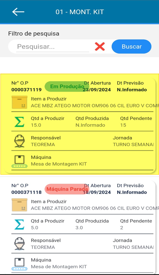 Tela de listagem de ordens de produção do tipo 01 - MONT. KIT com campo "Pesquisar...", botão "Buscar" e cards de O.P. exibindo número, status, item e quantidades
