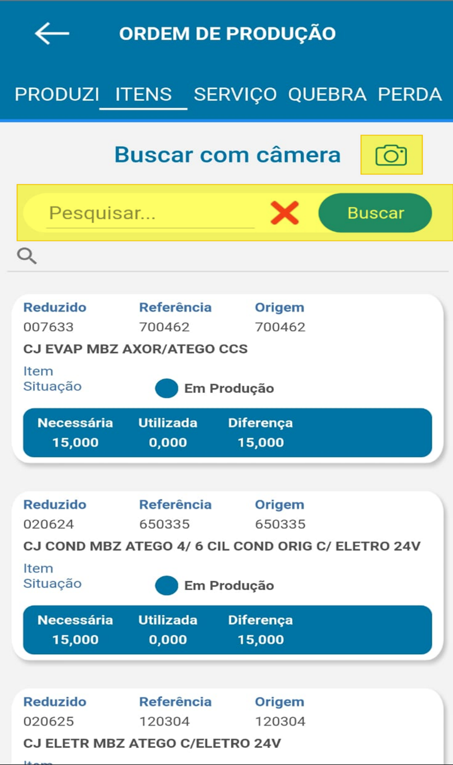 Tela da aba ITENS com campo "Pesquisar...", botão "Buscar", ícone de câmera "Buscar com câmera" e lista de itens exibindo reduzido, referência, origem, descrição e quantidades necessária, utilizada e diferença