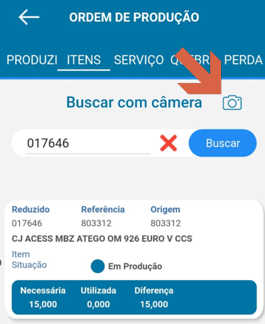 Tela "ORDEM DE PRODUÇÃO" na aba ITENS com o campo preenchido com o reduzido "017646", resultado exibindo item "CJ ACESS MBZ ATEGO OM 926 EURO V CCS" com referência 803312, situação "Em Produção" e quantidades necessária 15.000, utilizada 0.000 e diferença 15.000