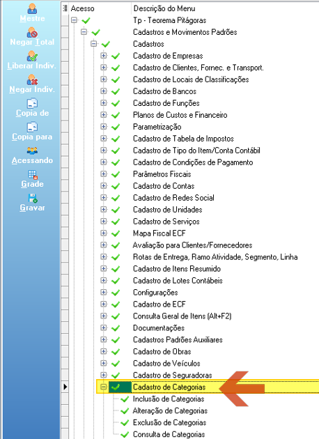 Aplicativo administrador — árvore de acessos em Tp - Teorema Pitágoras > Cadastros e Movimentos Padrões > Cadastros, com item "Cadastro de Categorias" destacado e suas sub-operações visíveis
