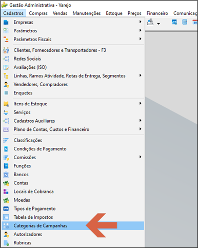 Menu Cadastros do sistema Gestão Administrativa — Varejo, com o item "Categorias de Campanhas" destacado por seta