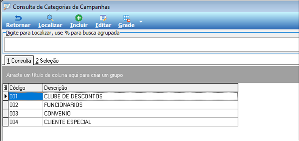 Tela Consulta de Categorias de Campanhas com botões Retornar, Localizar, Incluir, Editar e Grade; grade exibe registros 001 CLUBE DE DESCONTOS, 002 FUNCIONARIOS, 003 CONVENIO, 004 CLIENTE ESPECIAL