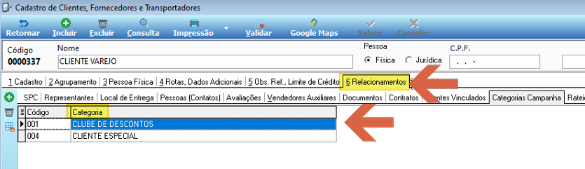 Tela Cadastro de Clientes, Fornecedores e Transportadores — cliente 0000337 CLIENTE VAREJO — aba 6 Relacionamentos aberta, subaba "Categorias Campanha" mostrando os registros 001 CLUBE DE DESCONTOS e 004 CLIENTE ESPECIAL