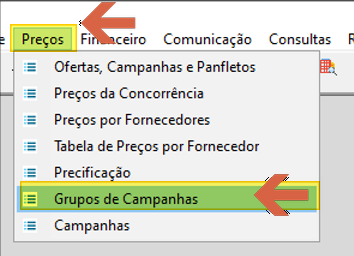 Menu Preços com os itens Ofertas, Campanhas e Panfletos; Preços da Concorrência; Preços por Fornecedores; Tabela de Preços por Fornecedor; Precificação; "Grupos de Campanhas" destacado por seta; e Campanhas
